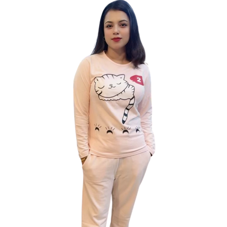 অভিশ্বাস্য মুল্যে এক্সপোর্ট-কোয়ালিটি টেরি ফ্যাব্রিক ক্যাট প্রিন্ট লাউঞ্জ সেট