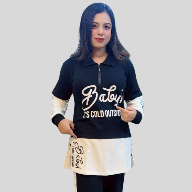 প্রিমিয়াম টেরি ফ্যাব্রিক কালার-ব্লক স্টাইল টপ ও প্যান্ট সেট