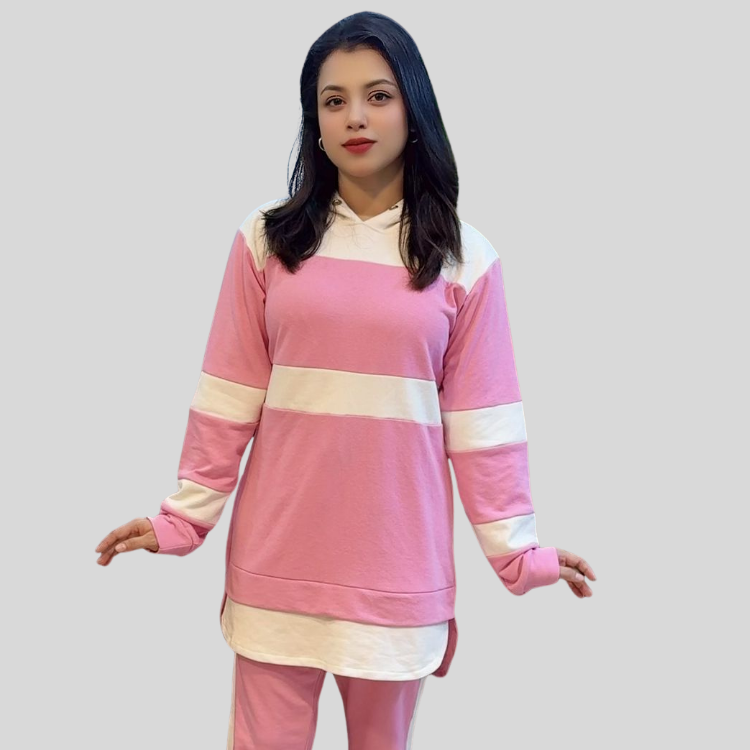 অভিশ্বাস্য মুল্যে প্রিমিয়াম পিংক–হোয়াইট টেরি ফ্যাব্রিক হুডি টপ ও প্যান্ট সেট