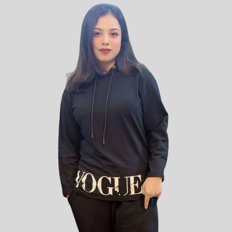 প্রিমিয়াম ব্ল্যাক টেরি ফ্যাব্রিক VOGUE হুডি টপ ও প্যান্ট সেট