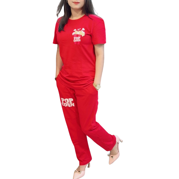 অভিশ্বাস্য মুল্যে প্রিমিয়াম রেড “POP CORN” Lycra কটন সামার কো-অর্ড সেট