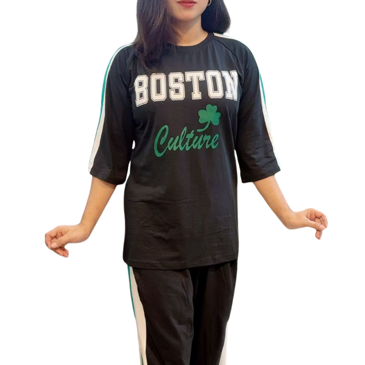 অভিশ্বাস্য মুল্যে প্রিমিয়াম ব্ল্যাক “BOSTON Culture” লাইক্রা কটন কো-অর্ড সেট