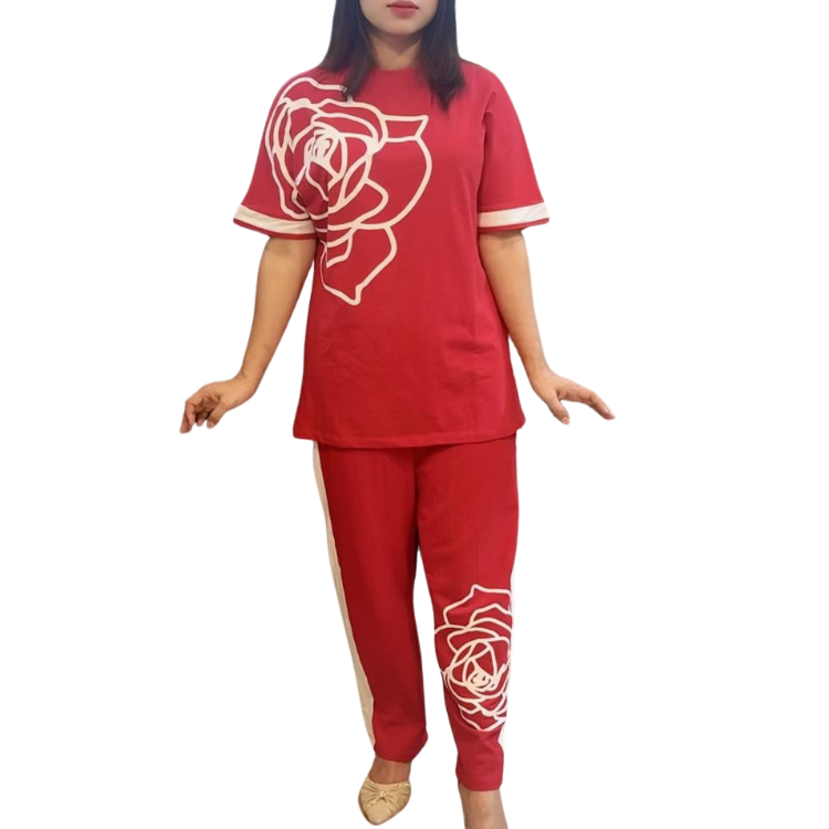 অভিশ্বাস্য মুল্যে প্রিমিয়াম লাল রোজ-প্রিন্টেড লাইক্রা কটন কো-অঅর্ড সেট